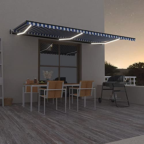 Homgoday Tenda da sole automatica con sensore a LED e vento, con braccio articolato, tenda da sole, con manovella, regolabile in altezza e angolo, 600 x 300 cm, blu e bianco