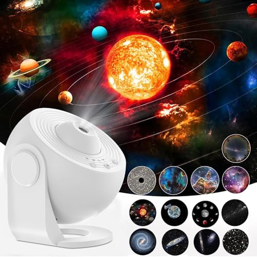 Planetarium Star Projector, Galaxy Realistic Light Projector with 12 Planet Discs, Starry Night Light Space Lamp Timed Silent 360° Rotation Adjustable Focus for Kids Adults Bedroom Living Room, White