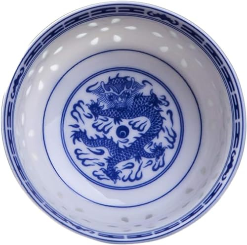 SUWFEZUF Cuencos para Servir, Cuenco de arroz, vajilla de Porcelana Azul y Blanca, vajilla de dragón Chino, Cuencos de Sopa de Ramen de cerámica,9inch