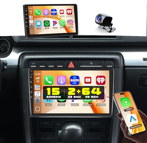 [8Cores 2G+64G] Hikity Autoradio Navi Für Audi A4 S4 RS4 8E B6 B7 2000-2009 Android 15 Touch Display mit FM RDS 32EQ 59UI Wireless Carplay Android Auto 9Zoll Bildschirm GPS WiFi MIC Rückfahrkamera