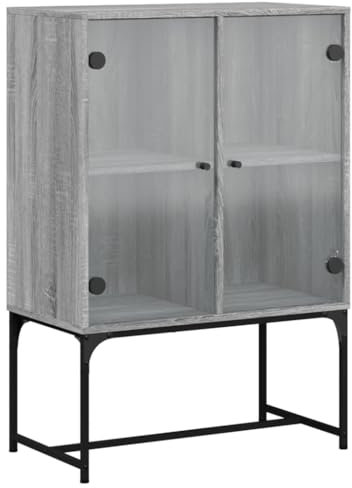 HETFTJN Spind Sideboard Wohnzimmer Barschrank Buffetschrank Küche - Beistellschrank mit Glastüren Grau Sonoma 69x37x100 cm für Wohnzimmer Büro Schlafzimmer Flur
