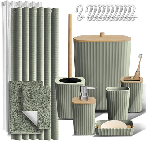Clara Clark Bathroom Accessories Set - Bathroom Accessory Set with Shower Curtain Set, Toilet Brush, Trash Can & Soap Dispenser & Rugs (Sage Green, Complete Set + Bath Rugs)
