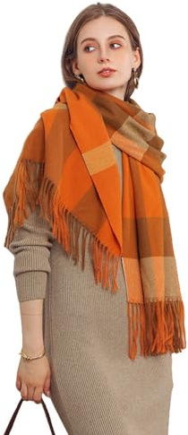 CMZYBBD Schal Modischer Karierter Schal Für Damen – Dicker, Warmer Schal Mit Quasten Für Herbst Und Winter, Groß Und Weich, Hautfreundlich-orange-70 * 180 cm