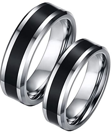 Hoisy Verlobungsring Damen, Verlobungsring Paar Personalisierte 6MM Silberring mit Abgeschrägter Kante und Schwarzer Emaille