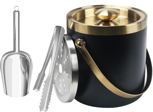 Minnhua 3L Eiswürfelbehälter mit Deckel Sektkühler Flaschenkühler Champagner Kühler Doppelwandiger Eiskübel aus Edelstahl mit Deckel Sieb Eisschaufel und Eiszange für Partys Bier Cocktailbars Schwarz