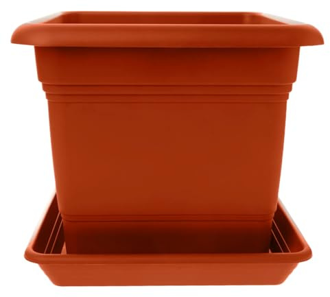 SUSTANIA 1er Set Blumentopf Gross mit Untersetzer 28x28 cm eckig, 16 Liter, Pflanzkübel Groß aussen, Tomaten Kübel Blumenkübel Pflanztopf, Made in Germany, Terracotta