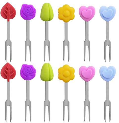 HDGSAFD 12 Pezzi di Forchette di Frutta, Forchette di Frutta in Acciaio Inossidabile in Silicone, tè alla Frutta Riutilizzabile, Comodi Segnali di Frutta Mini.
