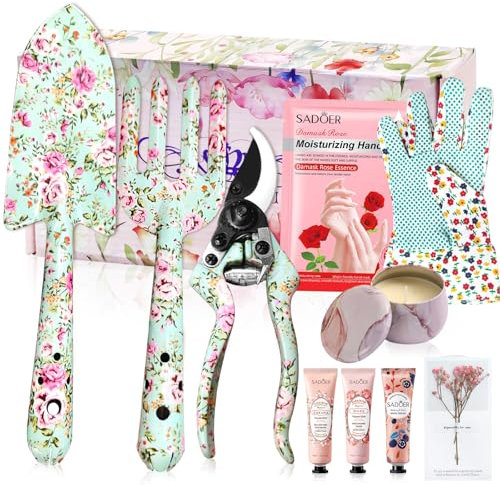 YORFULL Attrezzi Giardinaggio, 10 Pezzi Kit Giardinaggio, Set Giardinaggio con Guanti, Pala, Forbici, Artiglio, Candele, Crema per le mani, Set da Giardino con Splendida Confezione Regalo