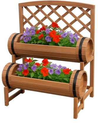 RANRHA Wooden Tiered Planter with Trellis – Rustic Barrel-Style 2-Tier Garden Planter for Flowers & Herbs – Freestanding Outdoor Plant Stand for Patio, Balcony, Yard – 63x63x37cm