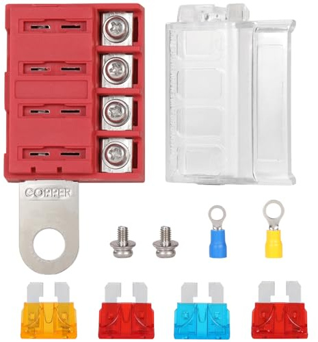Greluma Bloc fusibles à lame 4 voies pour borne de batterie, support de boîte à fusibles 4 circuits avec couvercle pour voiture, camion, bateau, yacht