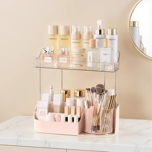 Corkovia Make-up Organizer 2 Ebenen, 360°-Drehbarer Schminktisch Skincare Organizer, Multifunktionale Kosmetik Aufbewahrung für Schminktisch, Schreibtisch und Badezimmer Pink