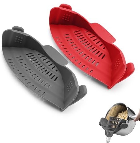 Passoire en Silicone avec Clip - 2 pièces Filtre Universel pour Pot - Pour Pâtes, Légumes, Riz - Résistant à la Chaleur, Sûr, Facile à Nettoyer(Gris+Rouge)