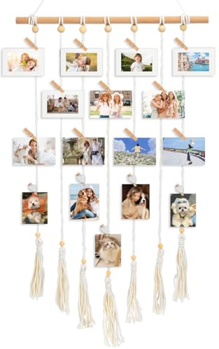 Boho Hanging Photo Wall Display, DIY Photo Frame Collage | Family Wall Photo Gallery with 35 Wooden Clips, 2 Hook and 5 Paper Photo Frames, Multiple Pictures Display Board for Home