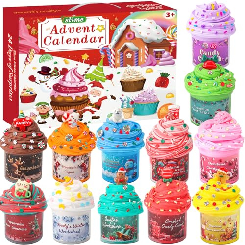 Weihnachten Adventskalender 2025 Schleim für Kinder– 24 Tage Countdown Kalender mit Bunter Butter Slime für Mädchen & Jungen, Kreatives DIY Weihnachten Geschenk Bastelset