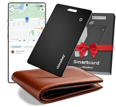 Rhinokey® Wallet Tracker Card,(Android Only) 0.07in Slim Rechargeable Airtag Card Tracker Works with Google's Find Hub IP68 Tag Item Finder with Key Chain Hole for Luggage Tags (1 Pack - Android)