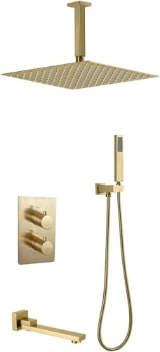 Shower Systems, Ceiling Mounted Thermostatic Brushed Gold Bathroom Rain Mixer Shower Taps Set with 10-12
