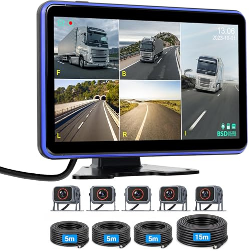 Rückfahrkamera 5 Kameras Set 10,1 Zoll IPS HD Monitor mit IP68 Wasserdicht Nachtsicht, BSD, Loop-Video, DVR, USB, Vollfarb-Rückkamera für LKW, Wohnmobile, Anhänger, Bus, Van 12V-36V