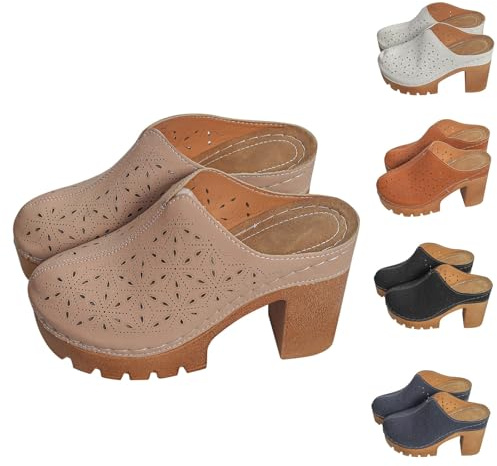 Zoccoli e pantofole da donna in pelle, comodi sandali da donna con tacco, scarpe con tacco chiusi, pantofole con plateau, tacchi alti, antiscivolo, sandali estivi, eleganti pantofole estive, beige