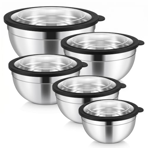 TEAMFAR blandningsskål med lock set om 5, rostfritt stål skålset, svart | Salladsskål med transparent och lufttätt lock för kök, 4,6/2,8/1,6/1,2/0,7 L, stapelbar, diskmaskinssäker