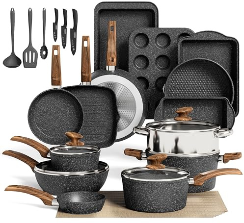 Kitchen Academy 30-teiliges Topfset Induktion, Granit Topf Pfannen Set | Antihaft-Kochgeschirr, Kochtopfset für alle Herdarten, schnelle Hitzeverteilung, 100% PFOA- und PFOS-frei