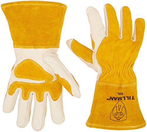 John Tillman and Co Tillman Large 14 Gold and Pearl Top Grain Split Back Cowhide Fleece Lined MIG Welders Gloves with 4 Cuff and Kevlar Thread Locking Stitch (Carded), White/Tan (TIL50L)