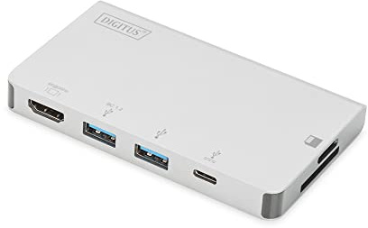 DIGITUS Base de conexión multipuerto - Base USB-C 6 puertos - HDMI - 2x USB 3.0 - Puerto de carga - Lector de tarjetas - Cables intercambiables