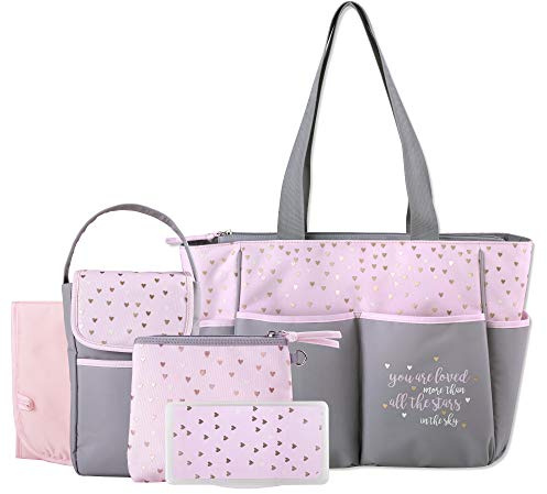 Baby Essentials Diaper Bag Tote 5 Piece Set with Sun, Moon, and Stars, Wipes Pocket, Dirty Diaper Pouch, Changing Pad (Grey/Pink)