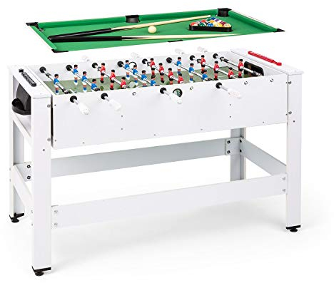 Klarfit Spin 2 in 1 - Calcio Balilla e Tavolo Multigioco Adulti, Biliardo: 105x58 cm, Rivestimento Verde, Biliardino, Accessori Inclusi, Tavolo da Gioco Rotante per rapido Cambio Gioco, Bianco