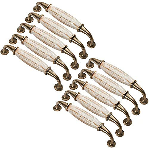 FBSHOP(TM) 10 Stück Vintage Marmorende Keramik Schrank Türknauf Zinklegierung Griffe Knöpfe, Traditionelle Schubladenschrank Griff, Möbelbeschläge,Lochabstand 128mm