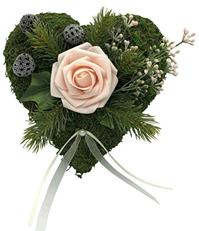 Grabgesteck Grabschmuck Grabaufleger Moosherz Grabherz Trauerherz Grab Herz Gesteck und Rose (Rose Rosa)