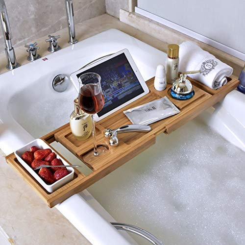 Ruby Lil Holz Expandierbares Badablage Für Badewanne, EIN Oder Zwei Personen-Bade- Und Betttablett, Passt Zu Jeder Wanne, Badewanne Caddy-Tablett Für Luxusbad,74.5~106cm