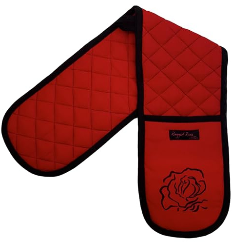 Ragged Rose Double Oven Gloves - 84 cm x 18 cm x 1 cm, 1-Piece Oven Mitts for Cooking & Baking - Cotton, Machine Washable at 30° - Kitchen Essentials (Red/Black Plain)