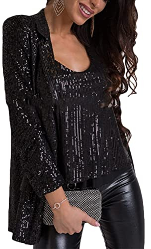 shownicer Damen Glänzend Pailletten Blazer Jacke Cardigan Langarm Bolero Tops Kurz Oberteile Elegante Glitzer Party Outfits Clubwear Schwarz S