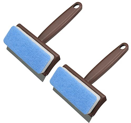 sourcing map Shower Squeegee Cleaning Tool with 2 in 1 Rubber & Sponge Head for Window, Glass, Bathroom Mirror, Marble Wall, Brown Handle, Pack of 2
