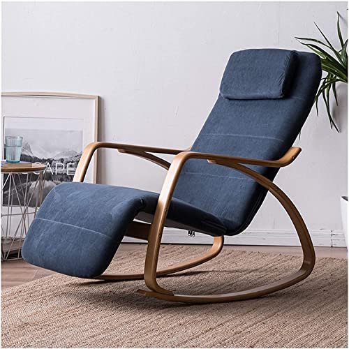 GTTFX Massivholz Baumwolle und Leinen Freizeit Schaukelstuhl Schlafzimmer Esszimmer Innenhof Liege, verlängerte und Bequeme Fußstütze(Color:Blue)