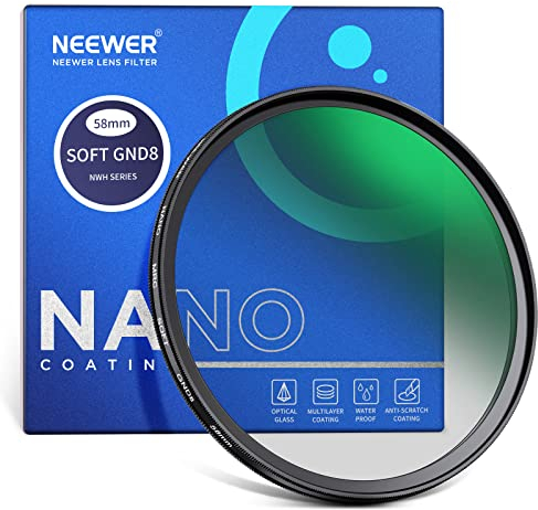 NEEWER 58mm HD Soft Gradient ND Lens Filter, GND8 3 Stop (0.9) Graduated Neutral Density Filter, 30 Layer Nano Coated/Water Repellent/Scratch Resistant/Anti Reflectivity for Balanced Light Proportion