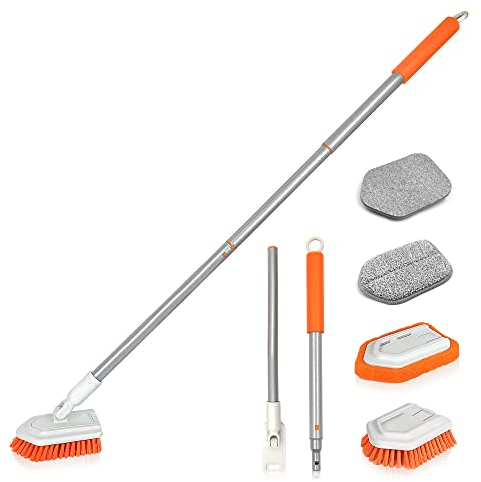 JEHONN Brosse à récurer 4 en 1 avec Long Manche, Brosse de Nettoyage de Douche, 4 Fonctions différentes pour Salle de Bain, Baignoire, Sol, Mur, plinthe