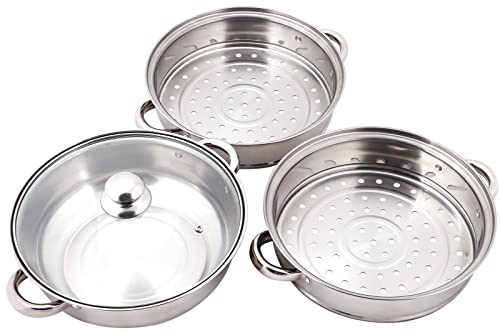 Trintion 3 Tier Steamer Pot Set 28CM Stockpot Stainless Steel with Glass Lid Steamer Saucepot Vegetable Seafood Meat Food Steamer Metal Steamer Work for Stove