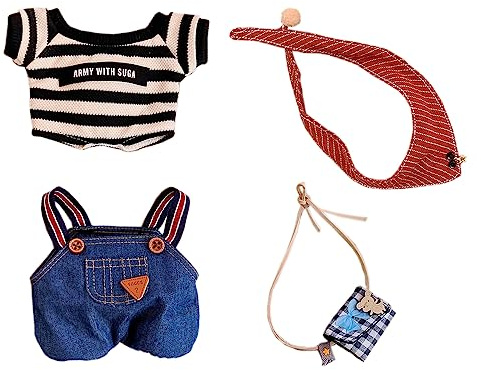 niannyyhouse 15 cm große Plüschpuppenkleidung, lose Happy Mouse Set, T-Shirt, Overall, Schal, Rucksack, weiches gefülltes Plüschtier zum Verkleiden (Blau, 15 cm)