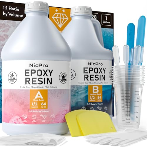 Nicpro Kristallklares Epoxidharz Set 1 Gallon, Epoxidharz zum DIY Schmuckherstellung, Kunsthandwerk, komme mit Mischbechern, Transferpipetten, Silikon-Rührstäbchen, Handschuhen und mehr