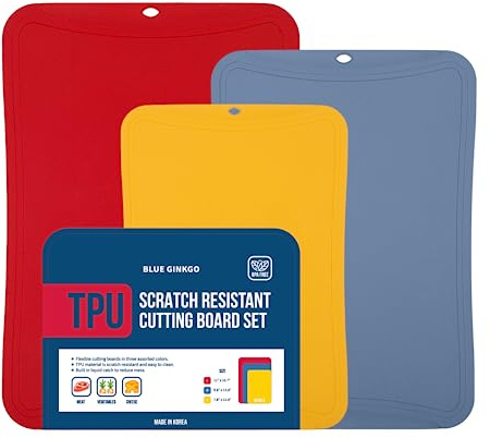 BLUE GINKGO Tappetini da Taglio TPU [Set di 3] – Taglieri da Cucina Flessibili, Antigraffio e Durevoli Made in Korea (Rosso, Blu, Giallo)