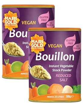 Marigold Reduced Salt Vegetable Bouillon Powder, 500g (Pack of 2) – Instant Vegan Stock Powder, 37% Less Salt, Natural Ingredients, Gluten-Free – Perfect for Soups, Stews & Sauces.