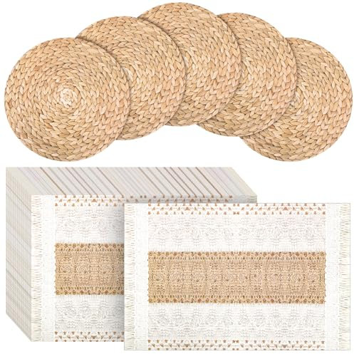 Engrowtic 100 Pcs Boho Disposable Paper Placemats Set Round Braided Rattan
