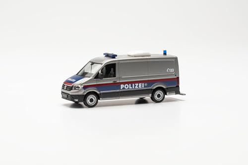 herpa Modellauto VW Crafter Kasten Flachdach Polizei Österreich, Gefangenentransport, Miniatur im Maßstab 1:87, Sammlerstück, Made in Germany, Modell aus Kunststoff, Grau