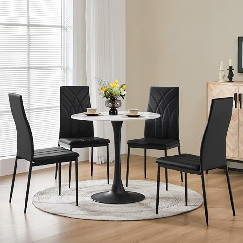 Yaheetech Set of 4 Dining Chairs Modern Dining Room Faux Leather Kitchen Chairs with Petal Accented Back and Sturdy Metal Legs for Dining Room, Kitchen, Black
