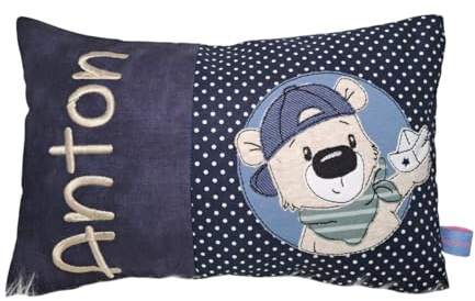 Personalisiertes Kissen zur Geburt und Taufe | Bestickt mit Namen und süßem Bär | Baumwolle (20cm x 30cm, Coolbär)