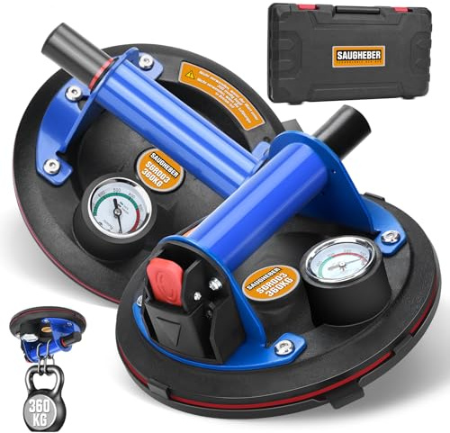 2er Set 8 Saugheber Glasheber Saughalter mit Manometer | Tragkraft 360KG | Metallgriff, Metall Vakuumheber Fliesenheber Plattenheber, Vakuum Saugheber für Glas Fliesen Marmor, inkl. Werkzeugkasten