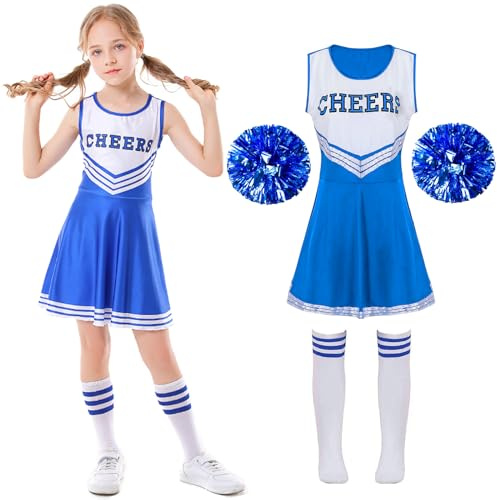 XFOZDM Cheerleader Kostüm Pompom Mädchen Kostüm Cheerleader Shorts Girl mit Pompoms und Socken Uniform Mädchen für Karneval Halloween Cosplay Outfit,Blau 160