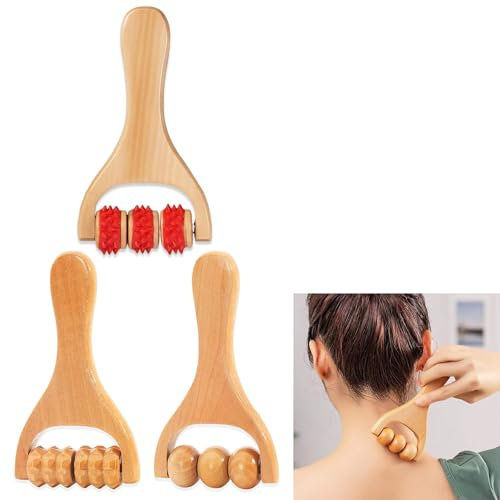 3 Wooden Massage Rollers, Back Massage Tool for Muscle & Abdomen Relief, Cellulite Treatment (Brown)