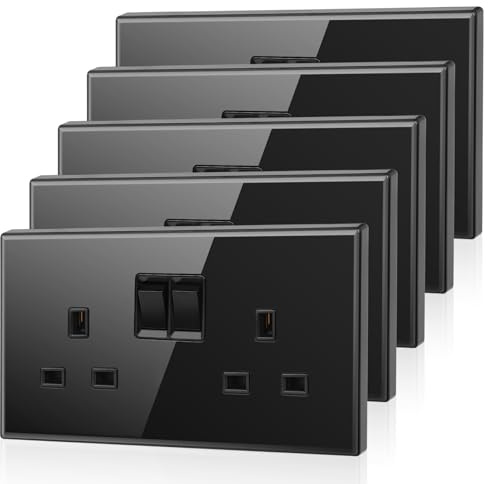 5 Pack CNBINGO Glass Double Switched Power Socket, Electric Power Sockets 2 Gang 13 Amp, Black Double Wall Outlet with Tempered Glass Panel | 2 Gang 13 Amp Electric Power Socket, Switch Control Power, UK standard, Glass Panel, Screwless, Easy DIY Install